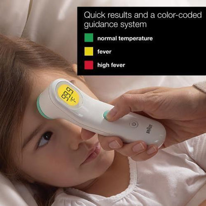 Braun BFH175 white forehead thermometer displayed with digital screen and measurement probe for accurate temperature reading.