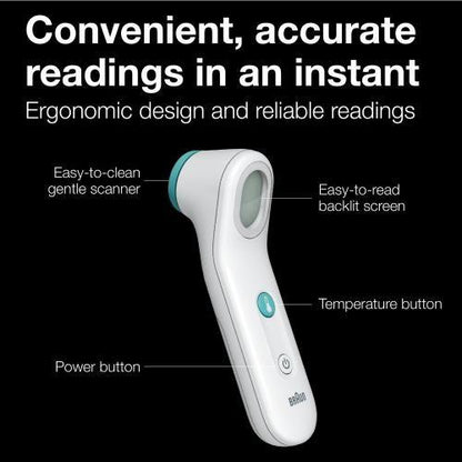 White Braun Forehead Thermometer BFH175 with digital display, designed for quick and accurate temperature readings.