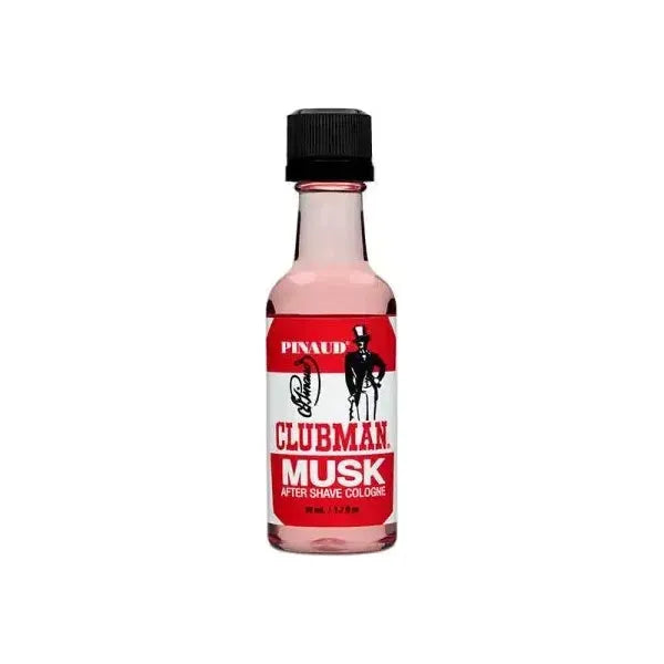 Clubman Pinaud Musk after shave cologne in a 1.7 oz bottle, featuring a classic fragrance for men.