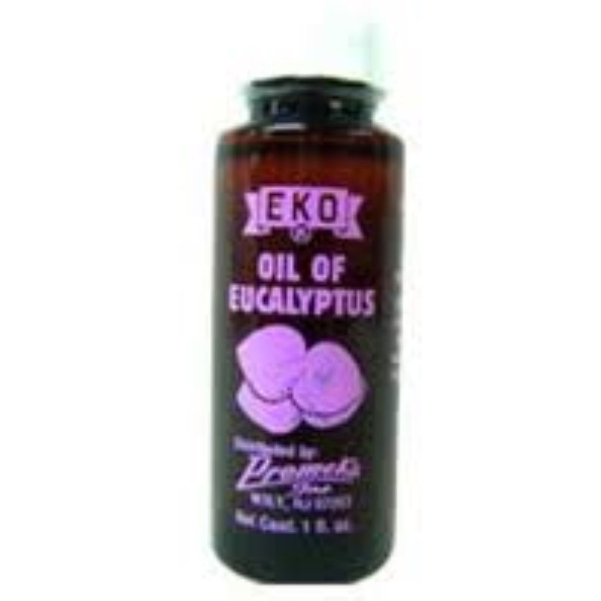 Eko Eucalyptus Oil fragrance oil in a 2 oz bottle from Pasteur Pharmacy, showcasing the clear glass container and label.