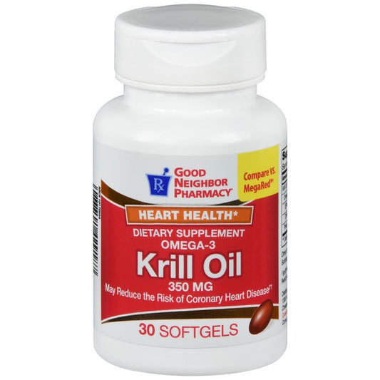 Good Neighbor Pharmacy Omega 3 Krill Oil 350mg softgels, dietary supplement in a bottle with 30 capsules.