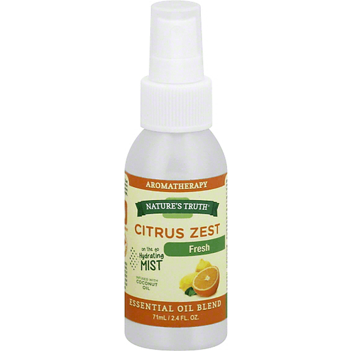Nature's Truth Citrus Zest Essential Oil Blend in a clear glass bottle, fresh and vibrant fragrance for aromatherapy and diffusers.