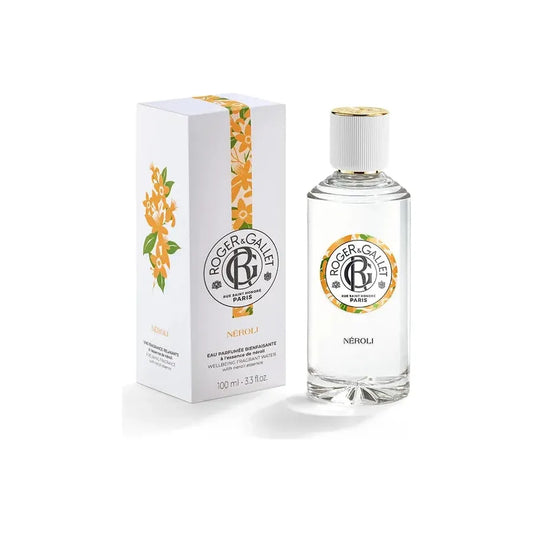Roger & Gallet Neroli Wellbeing Fragrant Water 100ml bottle, light citrus scent, elegant glass bottle with floral accents.