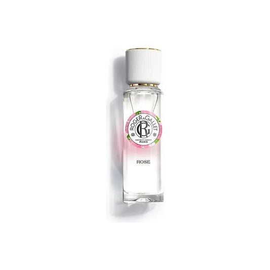 Roger & Gallet Rose Wellbeing Fragrant Water 30ml, clear glass bottle with floral label, showcasing delicate pink rose design.