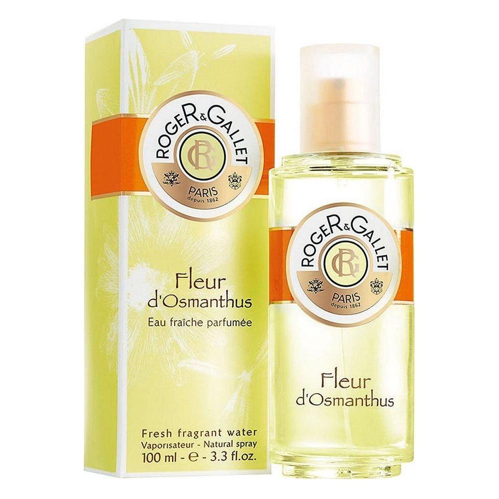 Roger & Gallet Fleur d'Osmanthus fragrant water spray, 100 ml, featuring a clear bottle with floral design and elegant branding.