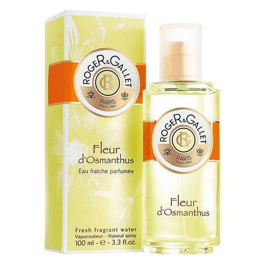 Roger & Gallet Fleur d'Osmanthus fragrant water spray, 100 ml, featuring a clear bottle with floral design and elegant branding.
