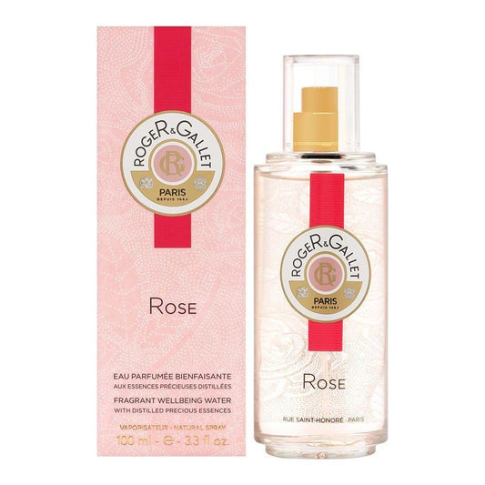 Roger & Gallet Rose Gentle Fragrant Water Spray in 100ml bottle, floral fragrance, elegant design, natural rose scent