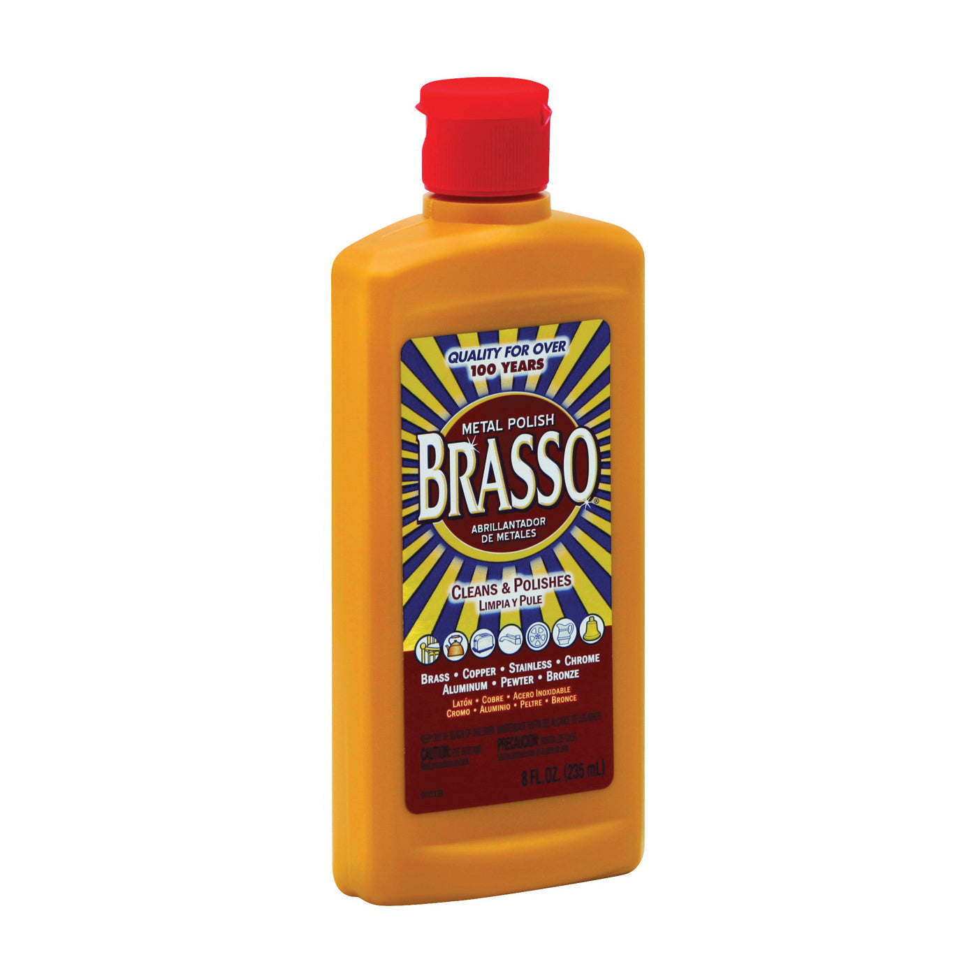 Brasso Metal Surface Polish 8 Oz bottle from Pasteur Pharmacy, furniture cleaner and metal polish for shining surfaces.