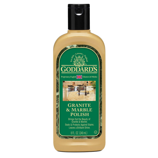 Goddard's 8 oz granite and marble furniture polish by Pasteur Pharmacy, designed to clean and shine stone surfaces.