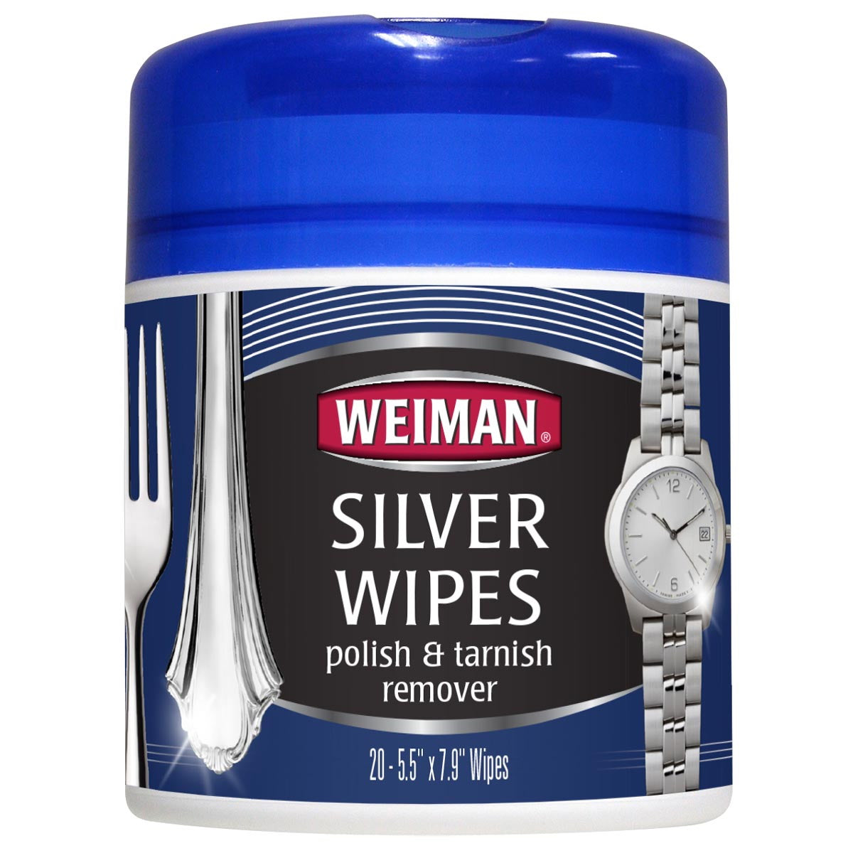 Weiman Silver Polish and Tarnish Remover Wipes in a 20-count pack, used for cleaning and polishing silverware and jewelry.