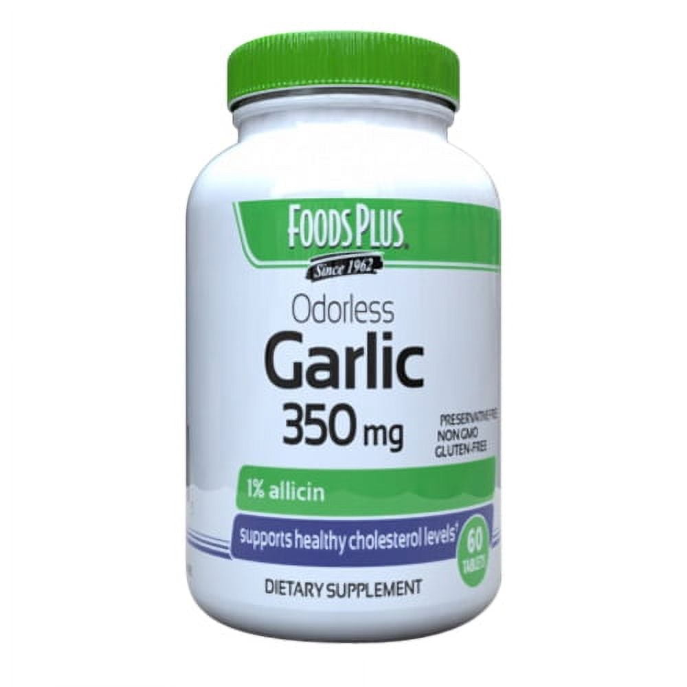 Pasteur Pharmacy Food Plus Foods Garlic 350 mg odor-controlled tablets, showing the bottle with label and tablets inside.