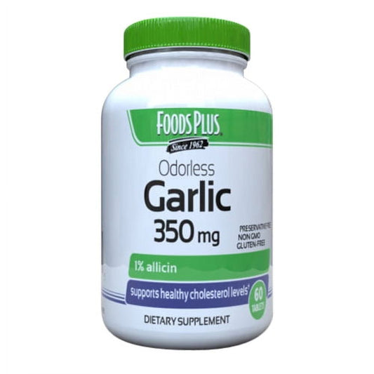 Pasteur Pharmacy Food Plus Foods Garlic 350 mg odor-controlled tablets, showing the bottle with label and tablets inside.