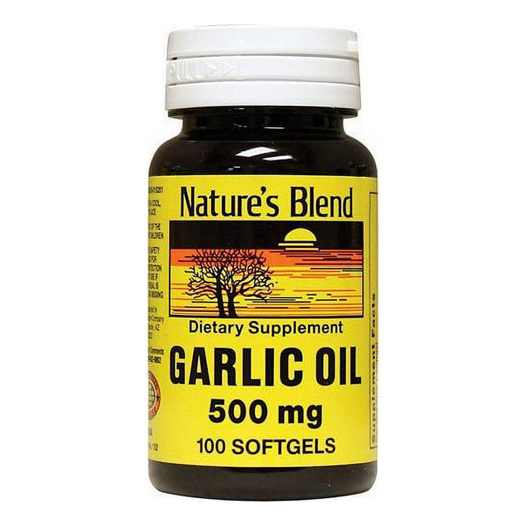 Nature's Blend S Garlic Oil 500 Mg softgels from Pasteur Pharmacy, showing a bottle of garlic supplement with softgel capsules.