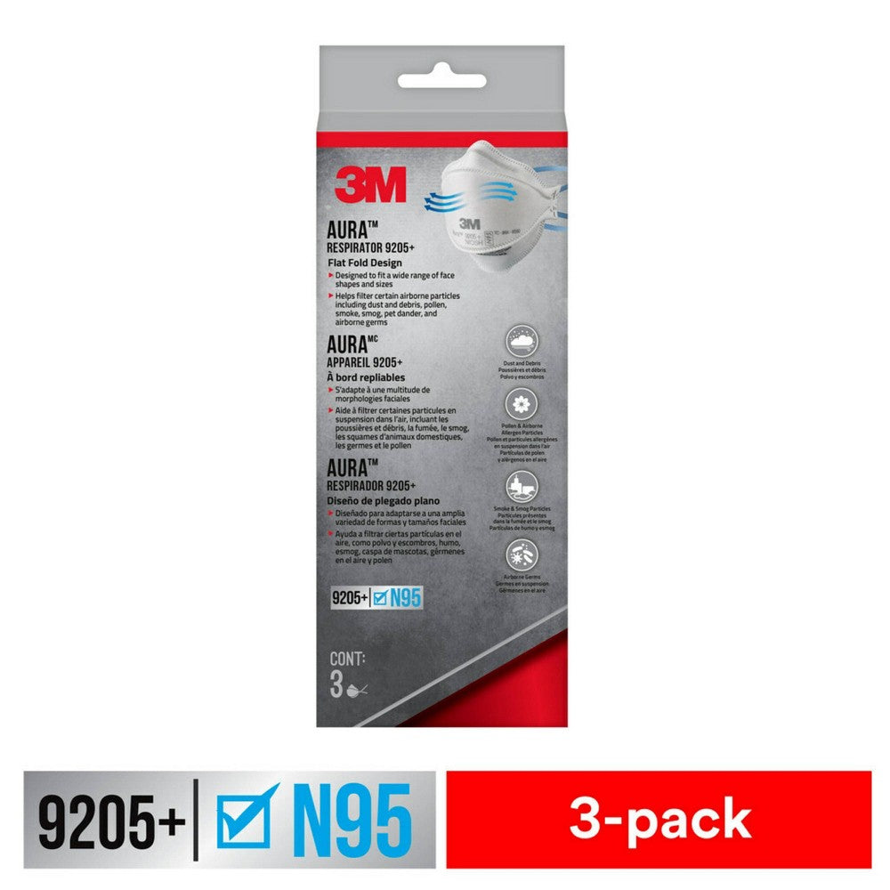 3M Aura N95 particulate respirator masks showing the mask’s shape and adjustable nose clip in a 3-pack for respiratory protection.