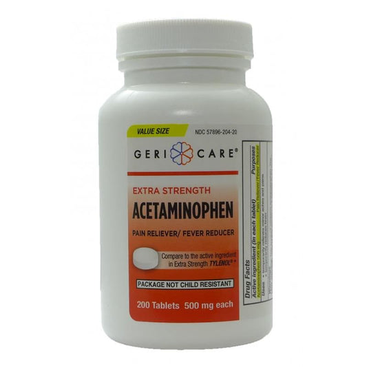 Geri-Care Acetaminophen pain relief medication bottle from Pasteur Pharmacy, with label and cap visible.