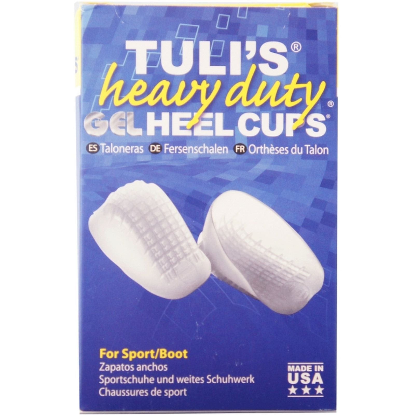 Pair of Pasteur Pharmacy TuliS Gel Heel Cups in large size with heavy-duty support for over 175 lbs, designed for heel comfort.