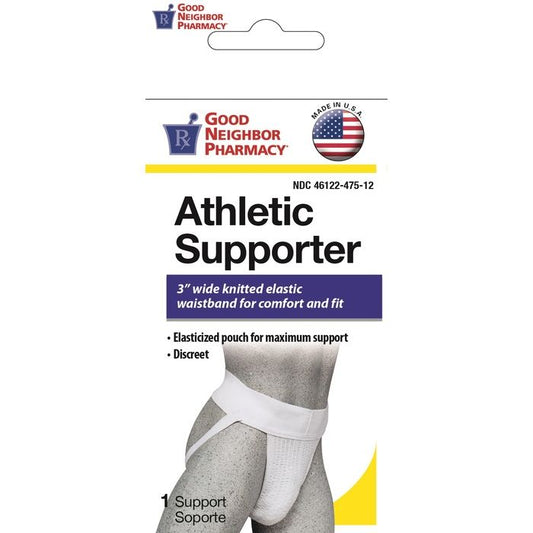White Good Neighbor Pharmacy athletic supporter in extra large size, designed for sports and active wear, shown in the image.