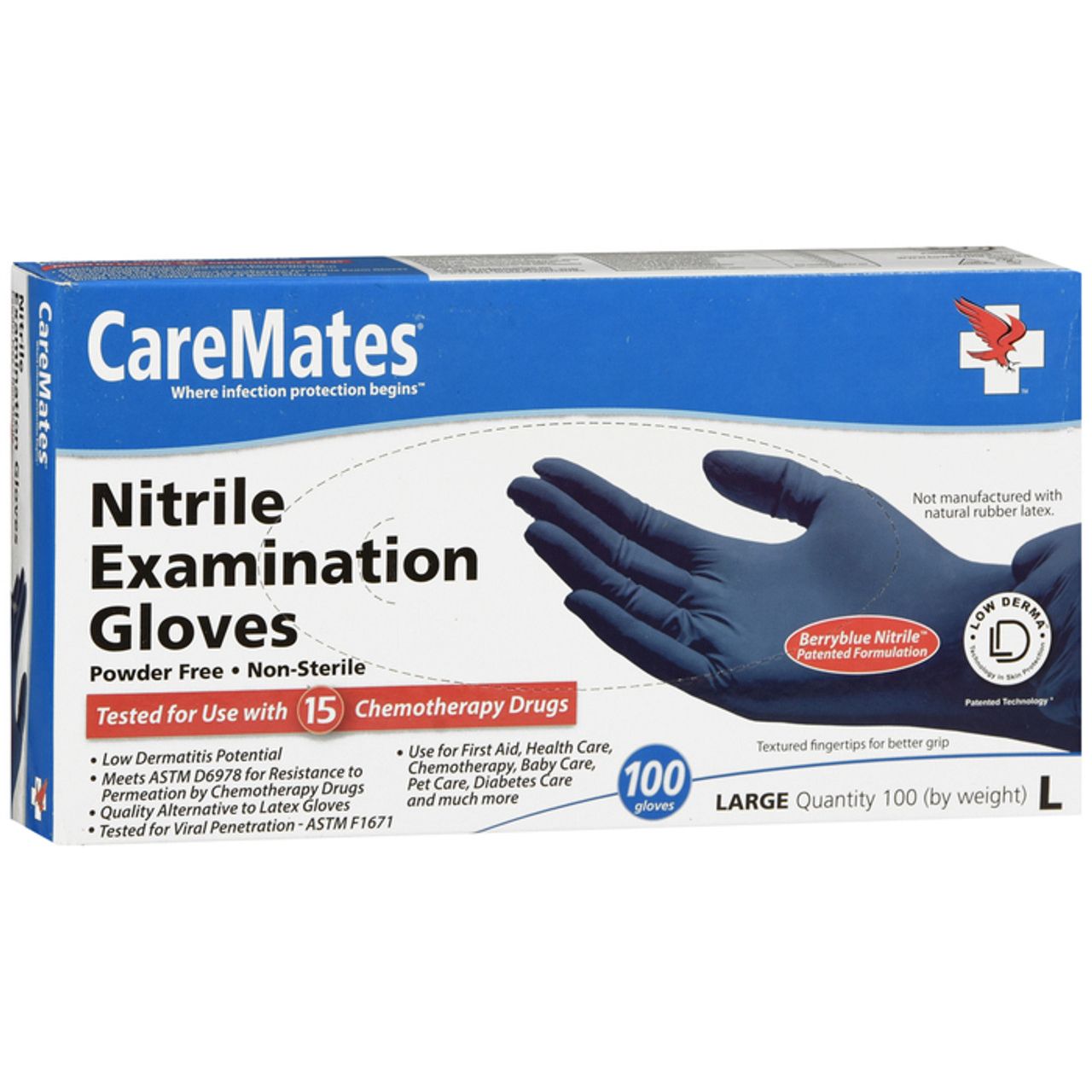 CareMates large berry blue nitrile exam gloves, 100 count, shown in a box with gloves partially pulled out for easy donning.