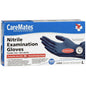 CareMates large berry blue nitrile exam gloves, 100 count, shown in a box with gloves partially pulled out for easy donning.