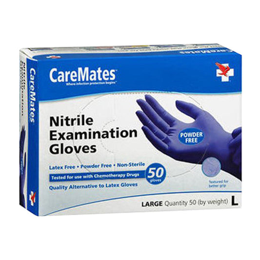 Caremates powder-free nitrile examination gloves in large size, showing the blue disposable gloves from Pasteur Pharmacy.