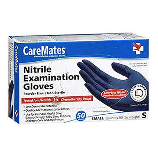 CareMates powder-free nitrile examination gloves in small size, blue gloves displayed on a white background.