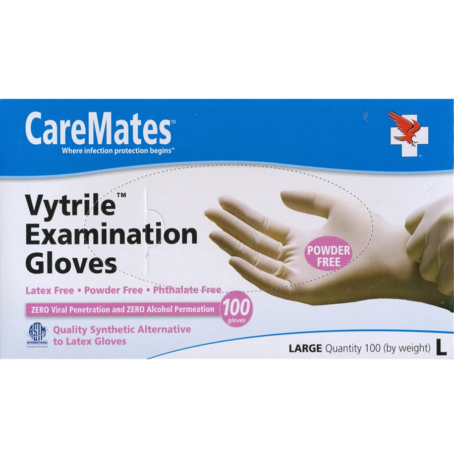 CareMates Vytrile powder-free examination gloves in large size, blue medical gloves from Pasteur Pharmacy.