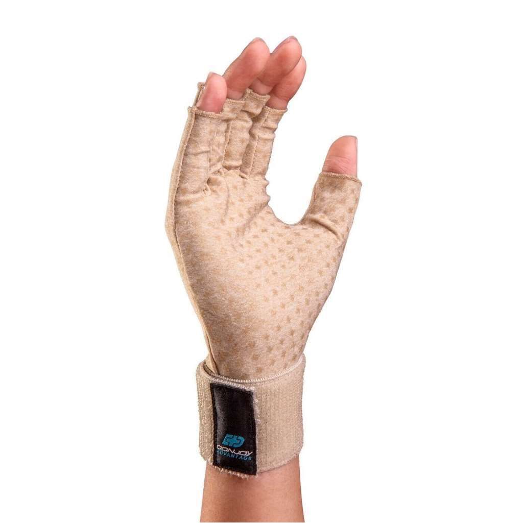 Beige Donjoy Advantage arthritis compression gloves with open finger tips, medium size, designed for hand support and flexibility.