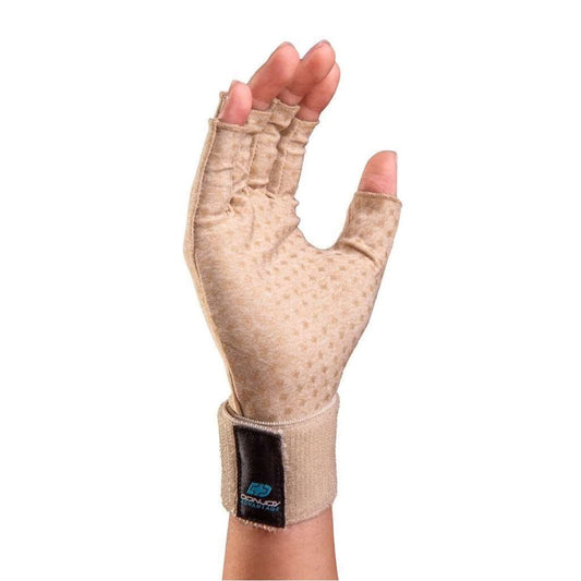 Beige Donjoy Advantage arthritis compression gloves with open finger tips, medium size, designed for hand support and flexibility.