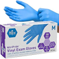 Leader™ Powder-Free Vinyl Exam Gloves in Medium, 100 count, pasteur pharmacy brand, showing the gloves laid flat for exam use.