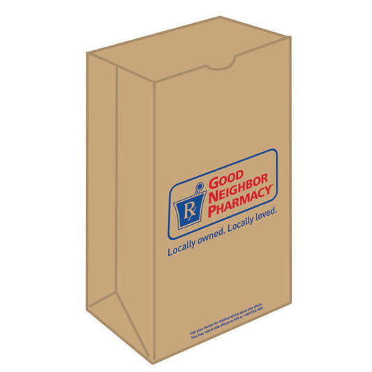 Brown Recycle Good Neighbor Pharmacy golf bag, 6lb capacity, by Pasteur Pharmacy, designed for carrying golf essentials securely.