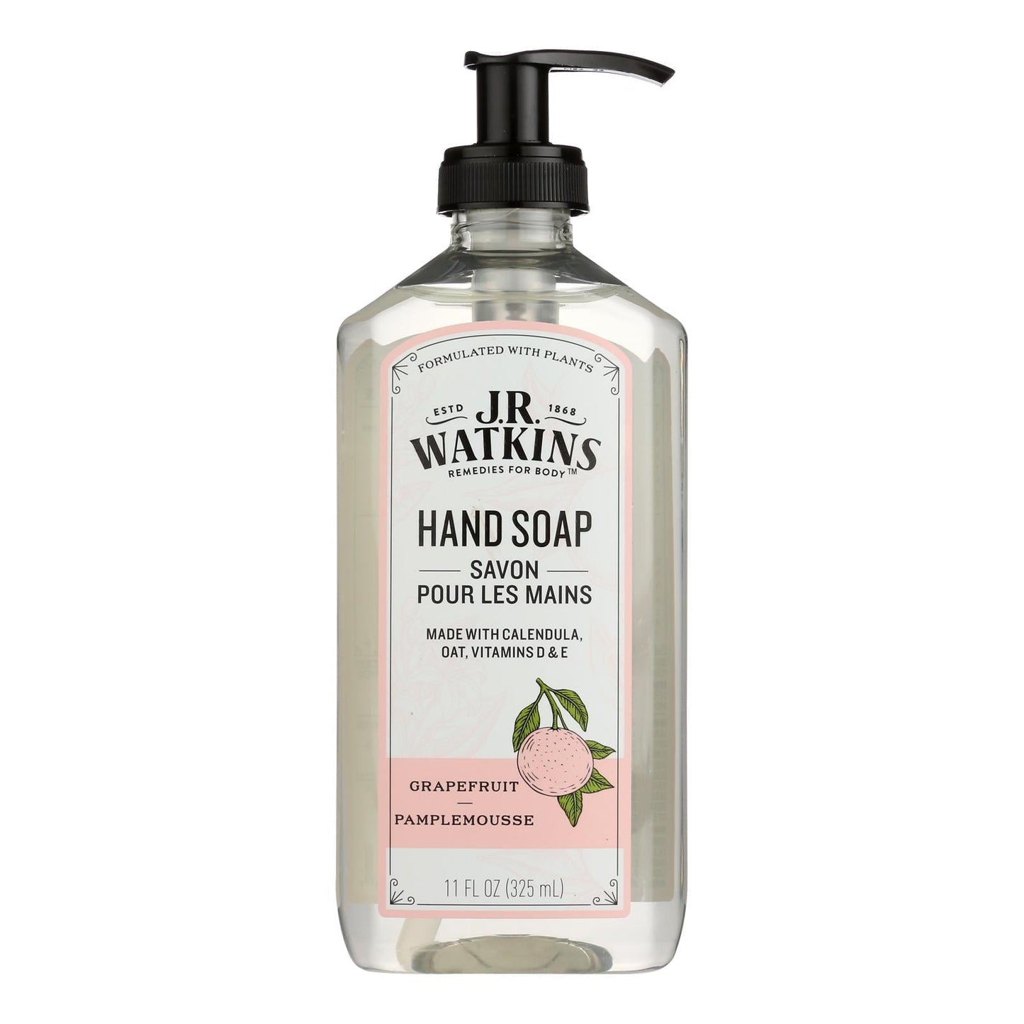 Case of three J.R. Watkins Grapefruit Hand Soaps in 11 fl oz bottles, featuring fresh grapefruit scent and natural ingredients.