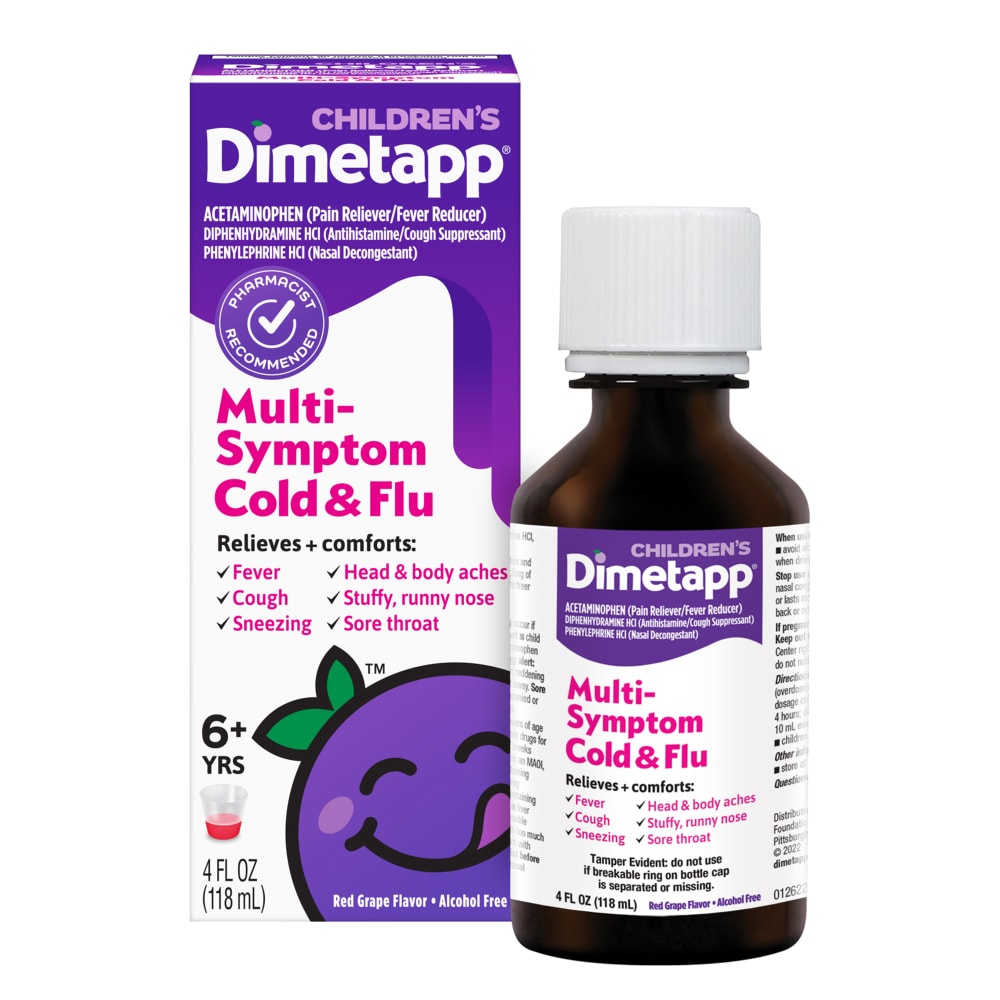 Children's Dimetapp Cold & Flu multi-symptom grape-flavored syrup in a 4 fl oz bottle, designed for kids 6+ years, by Pasteur Pharmacy.