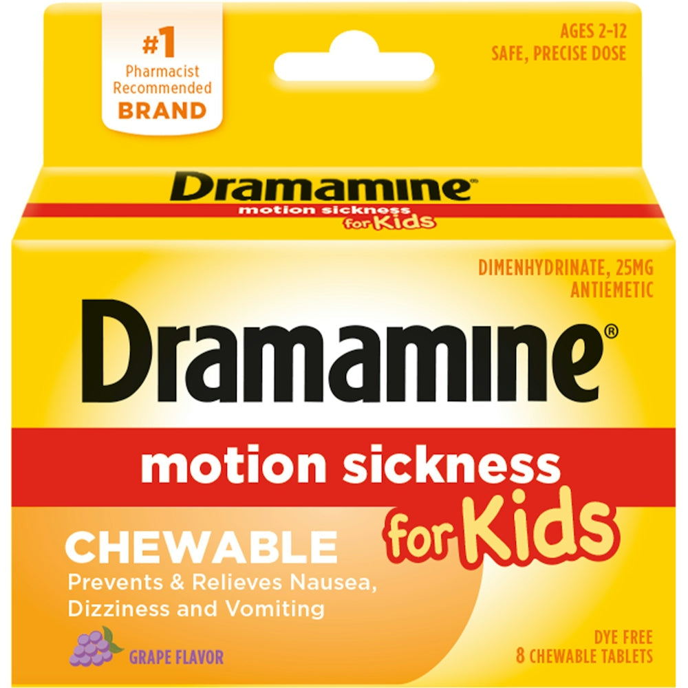 Grape-flavored Dramamine Kids motion sickness relief chewable tablets in a clear container, 8-count, by Pasteur Pharmacy.