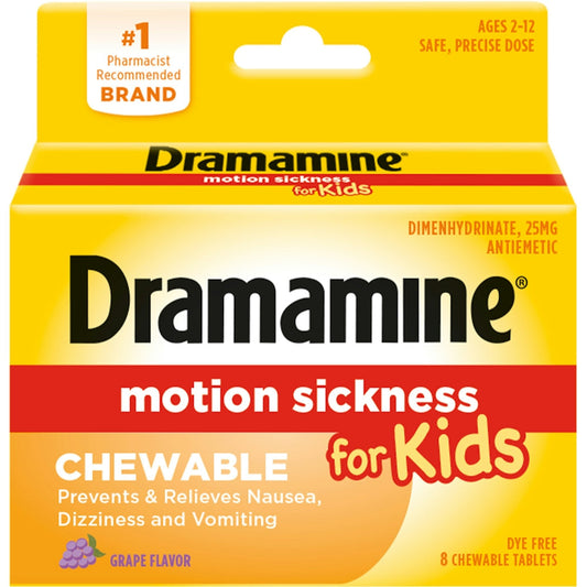 Grape-flavored Dramamine Kids motion sickness relief chewable tablets in a clear container, 8-count, by Pasteur Pharmacy.