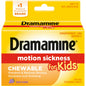 Grape-flavored Dramamine Kids motion sickness relief chewable tablets in a clear container, 8-count, by Pasteur Pharmacy.