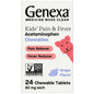 Genexa Kids Acetaminophen grape-flavor chewable tablets on a bed of grapes, used for children’s pain relief and fever reduction.