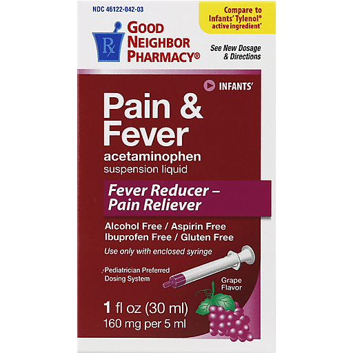 Bottle of Pasteur Pharmacy GNP Infant Grape 160 Mg Suspension, 1 oz, showing purple grapes and medication label.