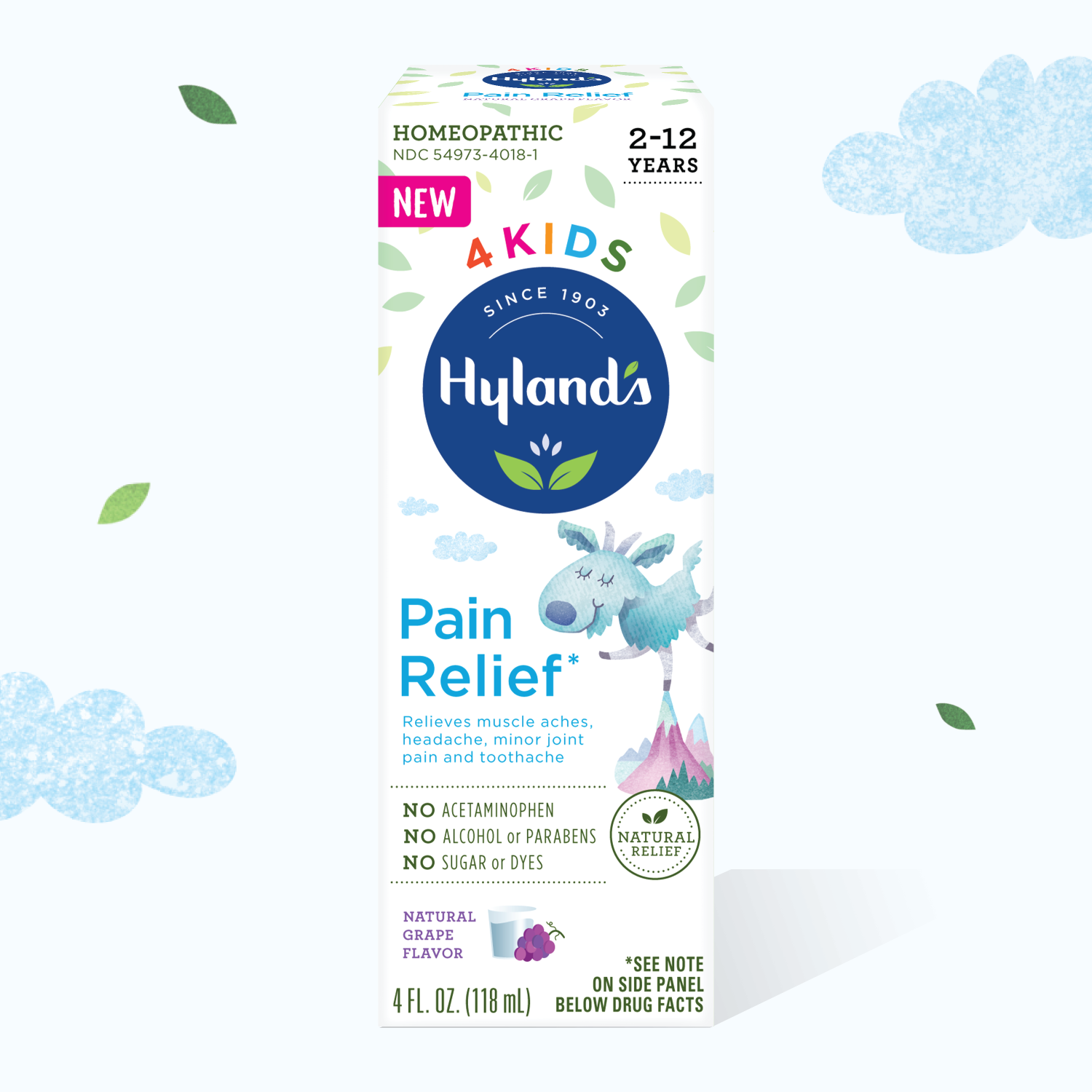 Hyland's Homeopathic 4 Kids Grape Flavor Pain Relief Liquid in a small bottle with a label featuring grapes and natural ingredients.