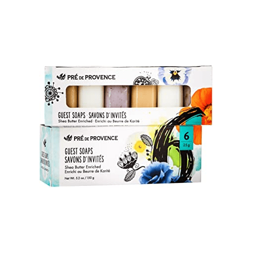 Set of six Pre De Provence guest gift soaps from Pasteur Pharmacy, 0.88 oz each, featuring elegant packaging and floral scent.