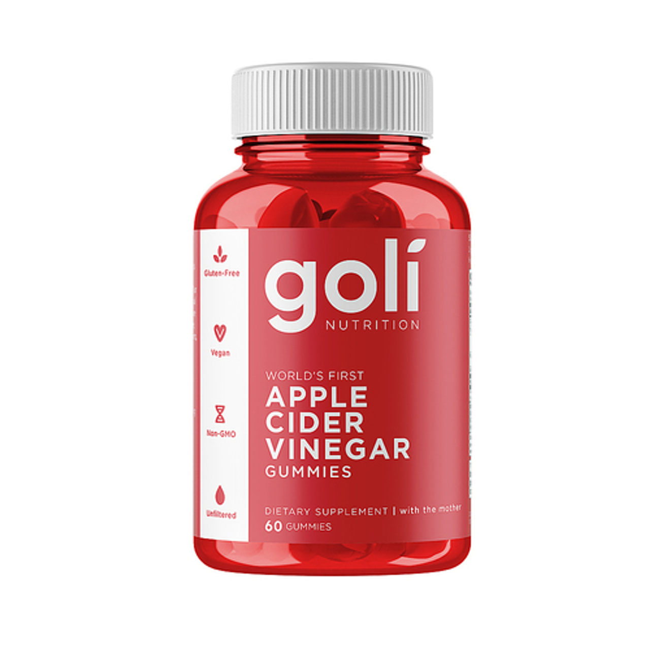 Goli Nutrition Apple Cider Vinegar Vegan Gummies in a clear bottle with colorful gummy vitamins inside.