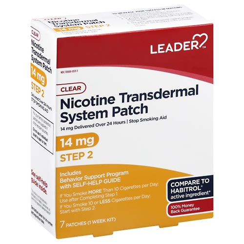 Pasteur Pharmacy Leader Nicotine Transdermal System Patch 14mg/24Hr, gun cleaning patches, 7-count package on a white background.