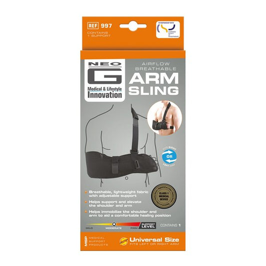Neo G Airflow breathable arm sling for gun slings, adjustable size, providing support and comfort for injured arms.