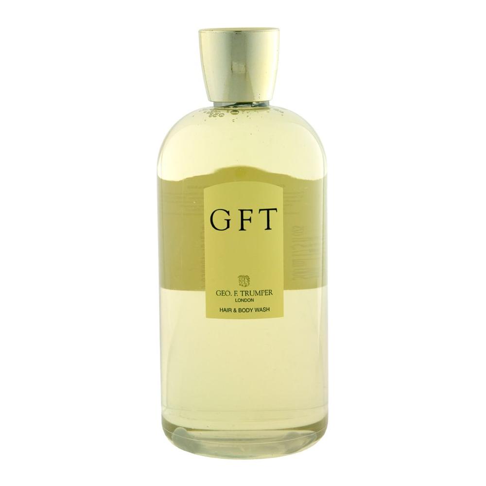 Geo. F. Trumper GFT Hair and Body Wash in 100ml bottle, with creamy texture and elegant packaging, suitable for hair and skin cleansing.
