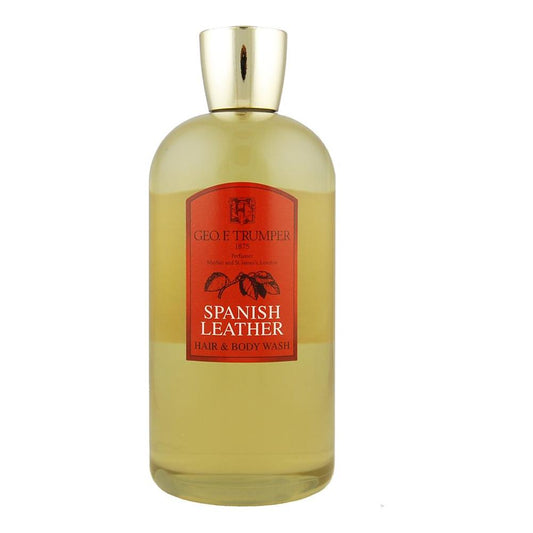 Geo. F. Trumper Spanish Leather Hair and Body Wash in 100ml bottle, natural fragrance for hair and skin care.