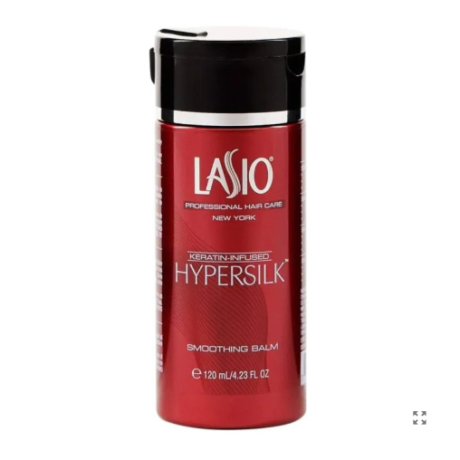 Lasio Keratin-Infused Hypersilk Smoothing Balm for hair, 4.23 oz, in a tube with a white and blue label.