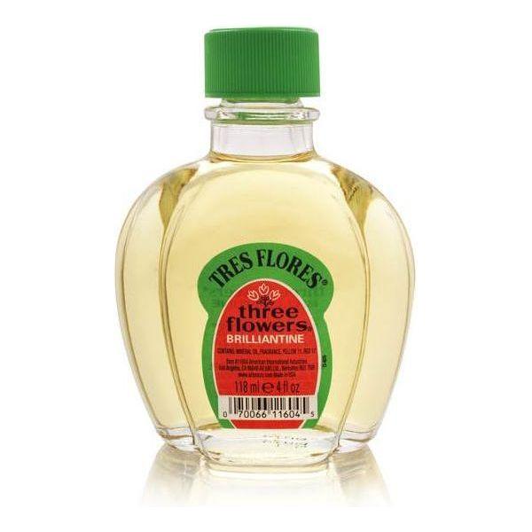 Three Flowers Brilliantine Liquid hair styling product by Pasteur Pharmacy in a 4 oz bottle with a clear liquid formula.