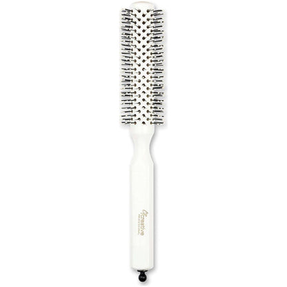 Champion Italian nylon round bristle hair brush with wooden handle, designed for smooth styling and gentle detangling.