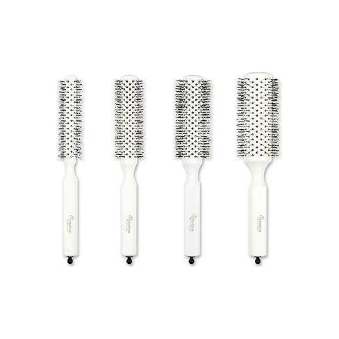 Champion Italian nylon round bristle hair brush with wooden handle, designed for styling and smoothing hair.