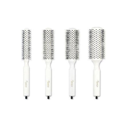 Champion Italian nylon round bristle hair brush with wooden handle, designed for styling and smoothing hair.