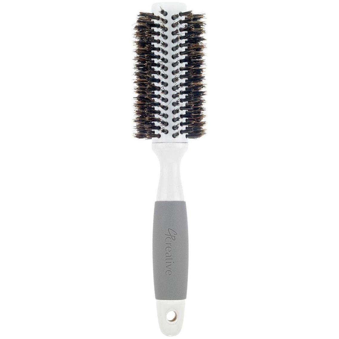 Ceramic barrel round boar bristle hair brush for thick hair by Pasteur Pharmacy, showing the round shape and natural bristles.